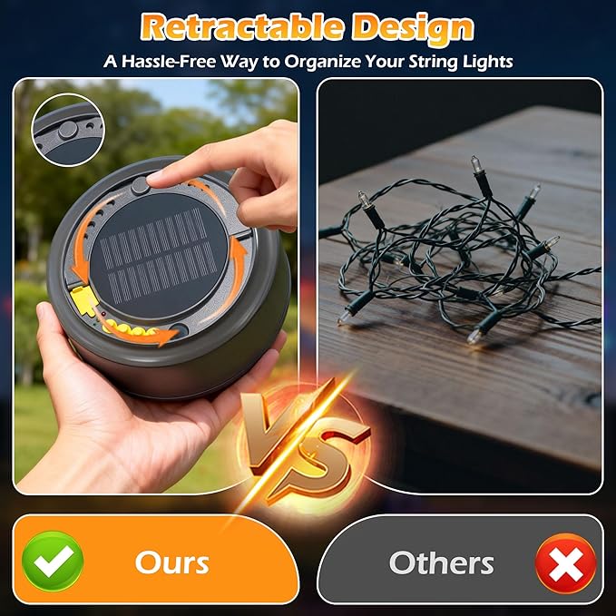 5200 mAh Solar Camping String Lights, Portable RGB Fairy String Light, 33FT 4-in-1 Waterproof Hanging String Lights, USB-C Rechargeable Phone Charger for Christmas Decor, Patio, Party