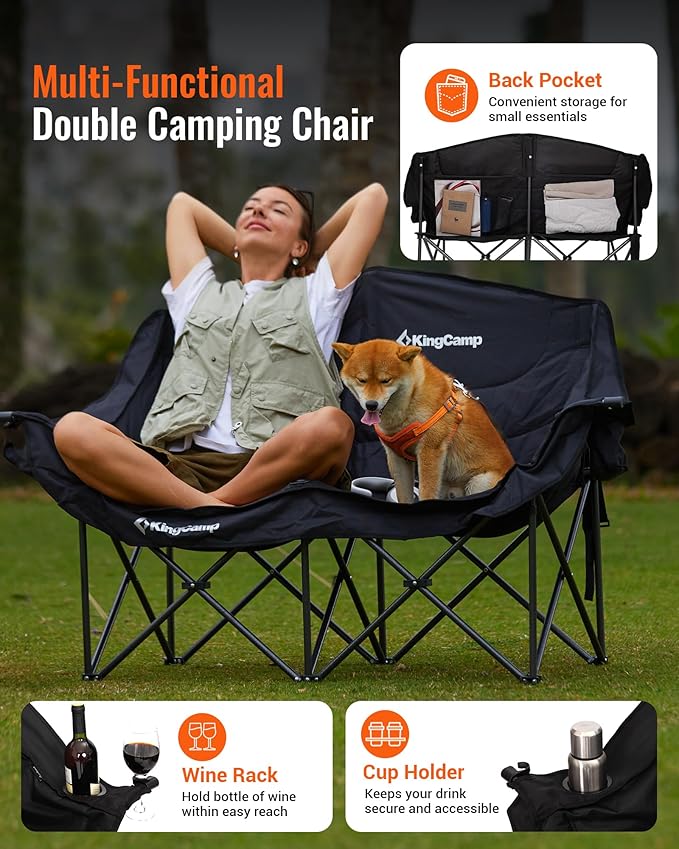 KingCamp Double Camping Chair, Oversized 880lbs Heavy Duty Loveseat for Adults Portable Folding XL 2 Person Couch Padded Comfortable Two Seat with Cup Holder for Outdoor Lawn Backyard, Black