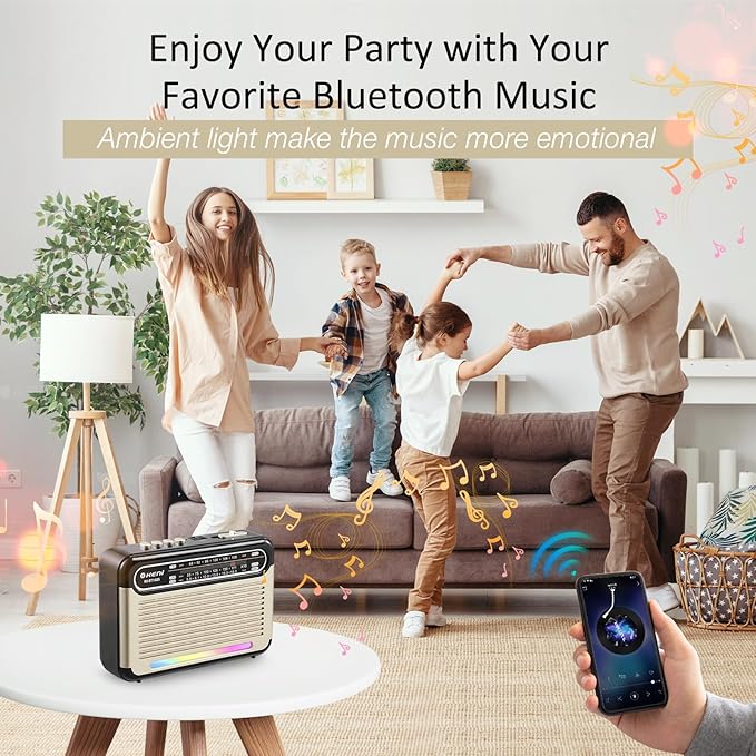 G Keni Portable Solar Radio AM FM SW with Rechargeable Battery Operated, Shortwave Bluetooth Radio Strong Reception, USB/TF Card Input, Solar Panel, Big Speaker with Ambient Light (Golden&Black)