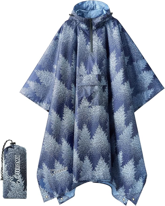PTEROMY 3-in-1 Hooded Rain Poncho for Adult with Pocket, Waterproof Lightweight Unisex Raincoat for Hiking Camping Emergency