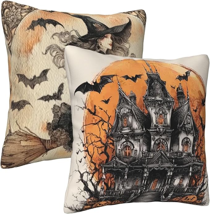 Witch Ancient Castle Throw Pillow Covers 18x18 inch Set of 2 Halloween Pillow Case Cushion Cover for Home Sofa Couch Living Room Car Decor