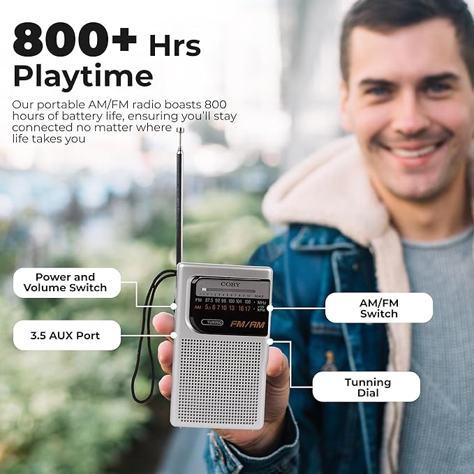 Coby Portable AM/FM Radio – Retro Battery Operated Pocket Radio with Powerful Speakers, Long 800-Hour Battery, Clear Reception, Emergency & Travel Transistor Device for Home or Outdoors