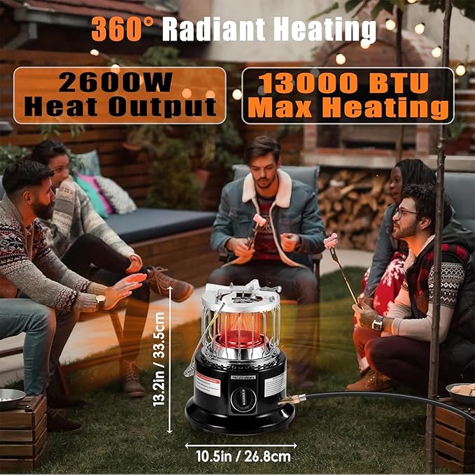 2-in-1 Portable Propane Heater and Stove 13000 BTU Dual Function for Indoor & Outdoor Use Compact Design with Carry Handle for Camping, Garage, Patio, Ice Fishing, Emergency, Black