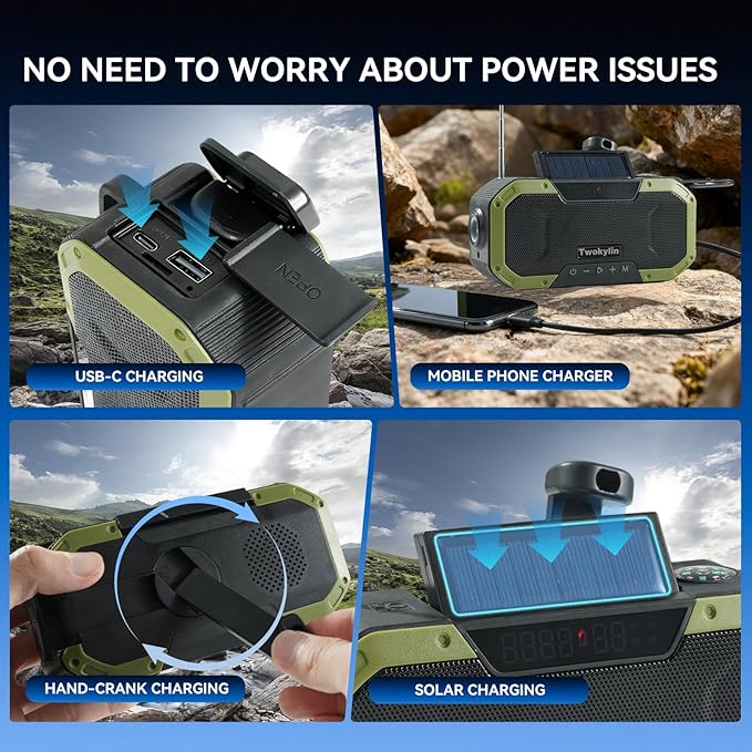Emergency Radio Waterproof Bluetooth Speaker,Hand-Crank NOAA Weather Radio with Solar Panel,5000mAH Cell Phone Charger,Flashlight,SOS,Outdoor Camping Gear Camping