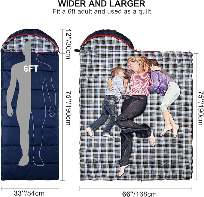 REDCAMP Flannel Sleeping Bag for Adults, Comfortable Cotton Sleeping Bags for Camping with Detachable Hood, Red/Grey/Blue/Black