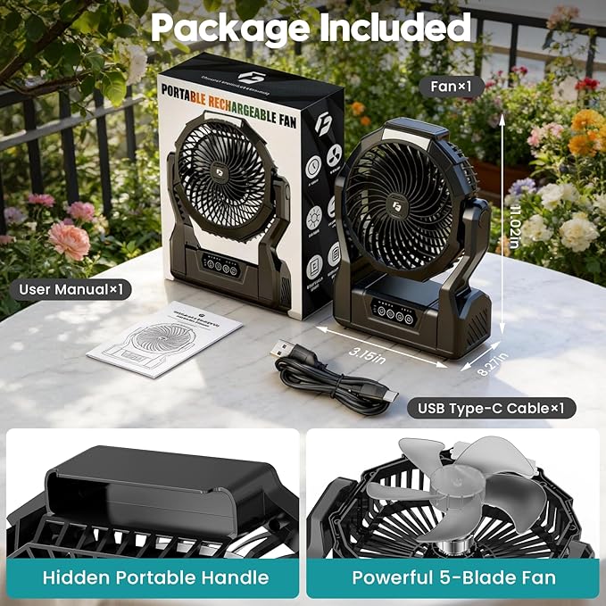 Fentara2 24000mAh Rechargeable Camping Fan with LED Light & Power Bank, Battery Powered Portable Travel Fan for Outdoor, Fishing, Hurricane Emergency, Ideal Gift for Men Dad Him, Black