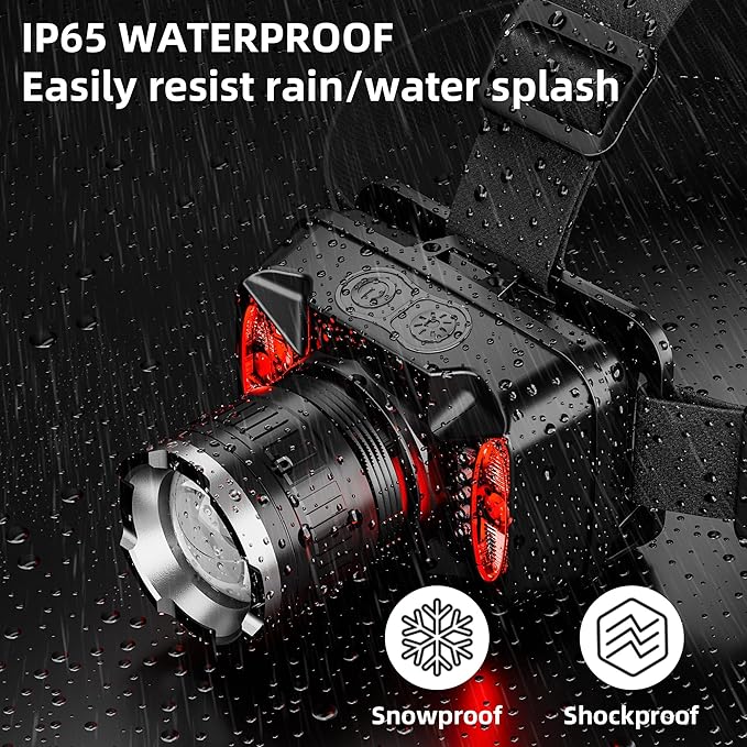 Rechargeable LED Headlamp, 6 Light Modes with Red & Blue Strobe, Zoomable Beam, 90° Adjustable Waterproof Headlamp for Camping, Hiking, Fishing, Outdoor Work