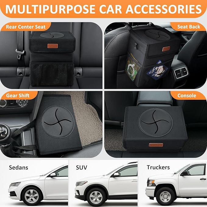 Vankor Car Trash Can Bin with Lid Hanging for Back Seat, Car Accessories for Women Men Leak Proof Automotive Garbage Cans Leakproof Vehicle Trash Can for Truck SUV Black