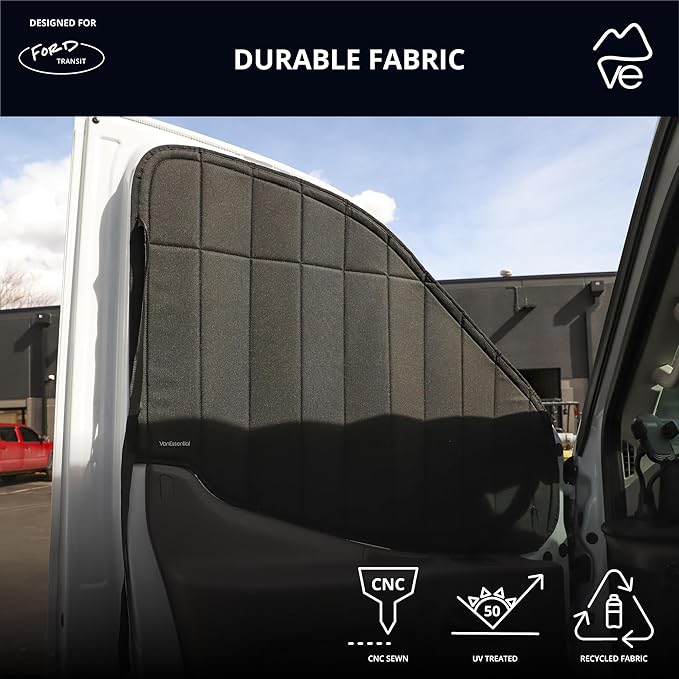 VanEssential Insulated Reflective Blackout Window Covers Designed for Ford Transit High/Medium Roof Front Door Windows (Pair) - Black Reflective