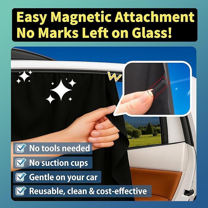 Magnetic Car Side Window Sun Shade, 2 Pack, Privacy Protection with UV Blocking, Easy Install with Storage Case, for Family Travel, Camping, Business Trips (Black, Large（31.5"L x 20.5"W）)