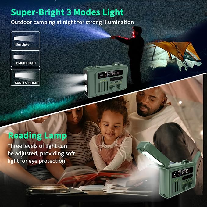 Solar Hand Crank Emergency Radio,NOAA/AM/FM with LED Flashlight & Reading Lamp,USB Type-C/Solar/Hand Crank Charging,Bluetooth Speaker,SOS Alarm&Compass for Camping Indoor Outdoor Emergencies (Green)