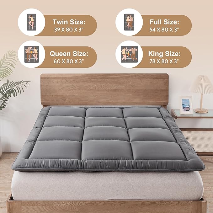 WhatsBedding Japanese Floor Mattress Futon Mattress 3" Grey Tatami Mat Shredded Memory Foam Filled Sleeping Pad, Foldable & Portable Roll Up Lounger Camping Bed,39"x 80" Twin Size