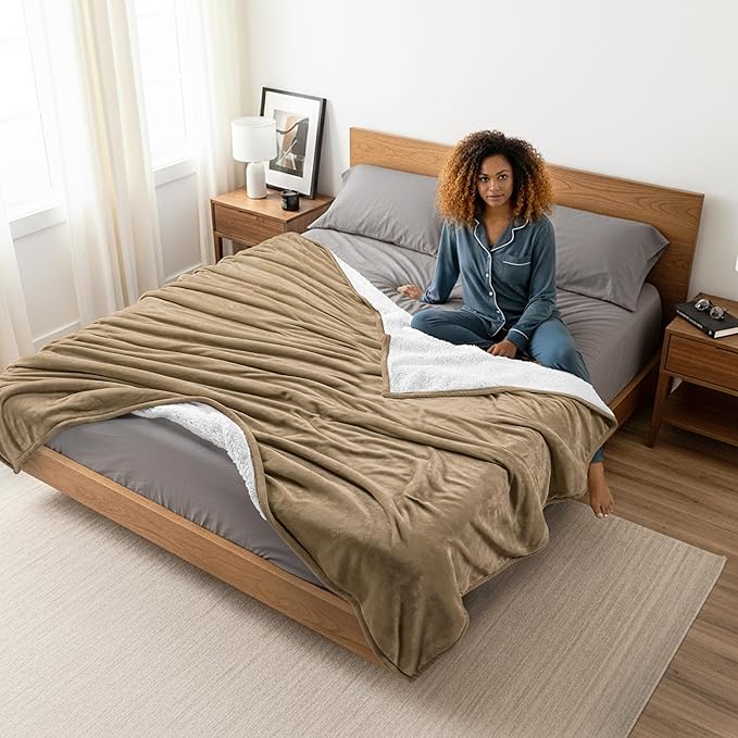 Utopia Bedding Sherpa Blanket King Size (Camel, 90x102 Inches) - Soft Warm Plush Fleece Reversible Blanket for Bed, Sofa, Couch, Camping and Travel