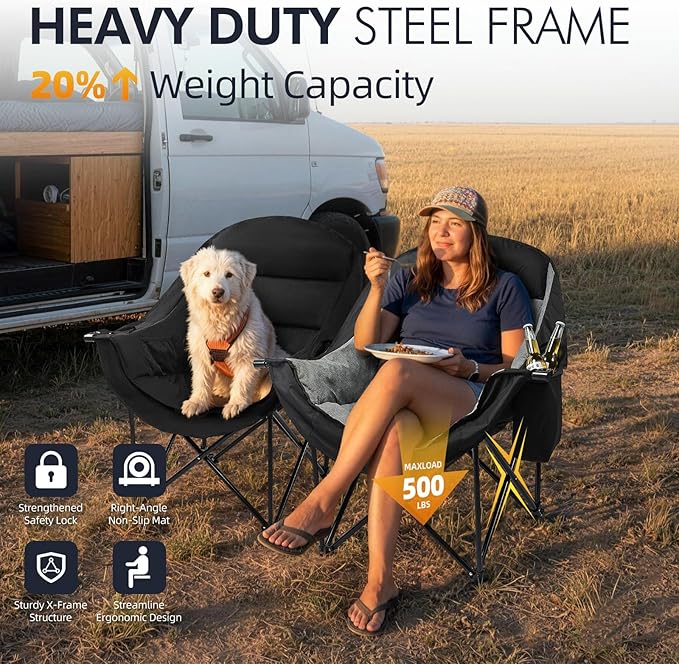 Oversized Camping Chair for Adults - Heavy Duty Outdoor Padded Large Lawn Camp Chair with Cup Holder Cooler Pockets for Sports Beach Fishing Garden Portable Supports 500lbs, Black/AllBlack 2 Pack