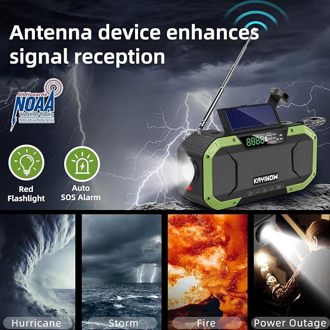Hand Crank Emergency Radio,Portable AM FM NOAA Weather Radio,Solar Power,18500mWh/5000mAh Battery Operated,USB Charging Flashlight,Waterproof,SOS for Camping,Power Outage,Survival Storm