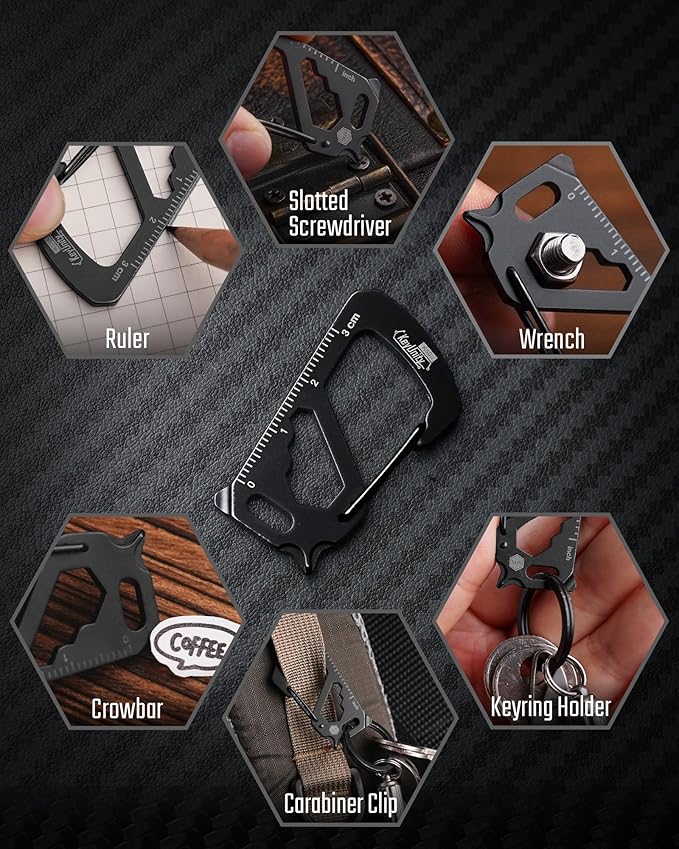 KeyUnity KS00S Carabiner Clip Multitool Stainless Steel 7 Tools in 1, Quick Release Clasp, Wrench, Cross Screwdriver, Slotted Screwdriver, Bottle Opener, Ruler, Key Holder (PVD Black,Small)