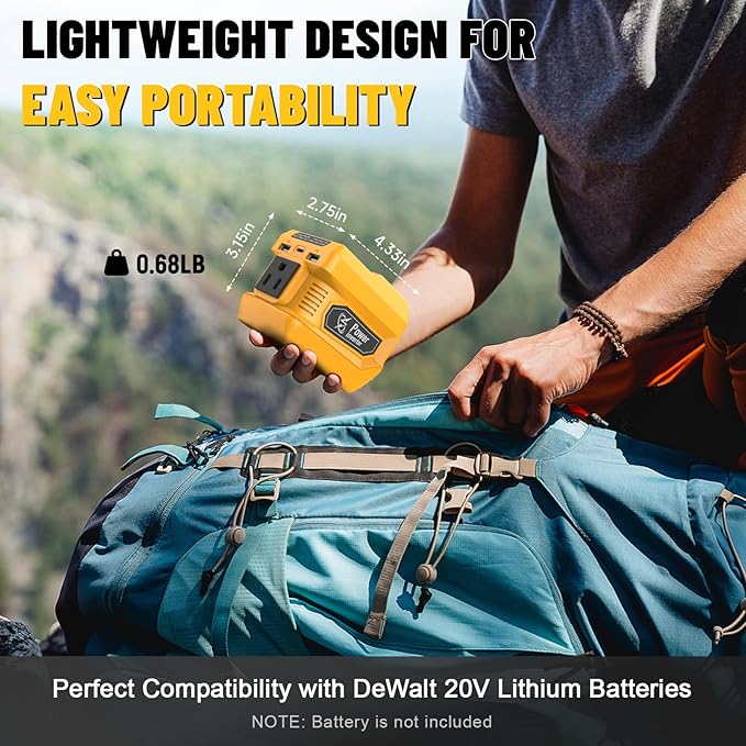 Azocek 220W Power Inverter Compatible with Dewalt 20V Battery(Battery not Included), DC 20V to AC 110V, 2 USB Ports & 1 Type-C Fast Charging, 400LM LED Work Light