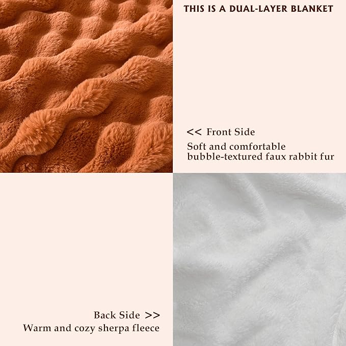 50x60 Inches Ultra-Soft Fuzzy Faux Fur Plush Throw Blanket - Thick, Warm Sherpa for Couch, Sofa, Bedroom, Camping - Decorative Blanket for Cozy Warmth, Bubble Rust