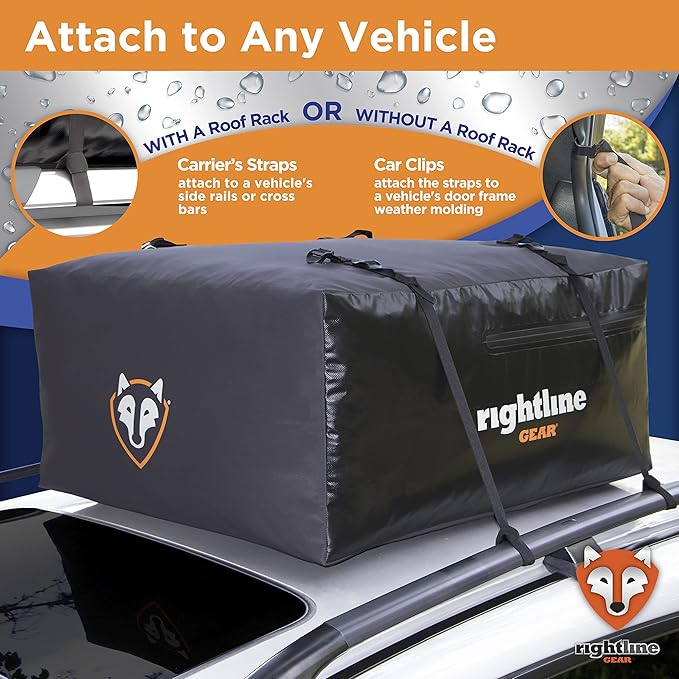 Rightline Gear Sport Jr Waterproof Rooftop Cargo Carrier for Top of Vehicle, Attaches With or Without Roof Rack, 10 Cubic Feet, Black