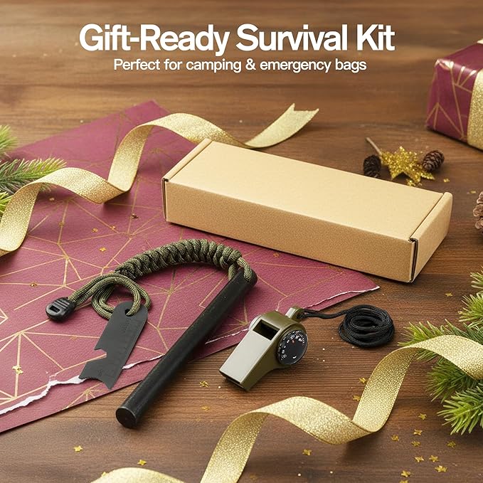 6" x 1/2" Drilled Ferro Rod Fire Starter Kit - Large Ferrocerium Flint and Steel, Multitool Striker & 3-in-1 Survival Whistle (with Compass, Thermometer)-Emergency Gear for Camping, Bushcraft