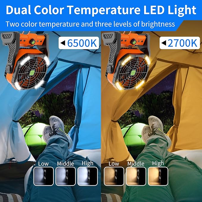 Camping Fan with LED Lantern, Portable Battery Powered Fan Rechargeable for Outdoor Camping Fans, 270°Head Rotation, Quiet USB Table Fan Battery Operated for Tent Beach Picnic Orange X26