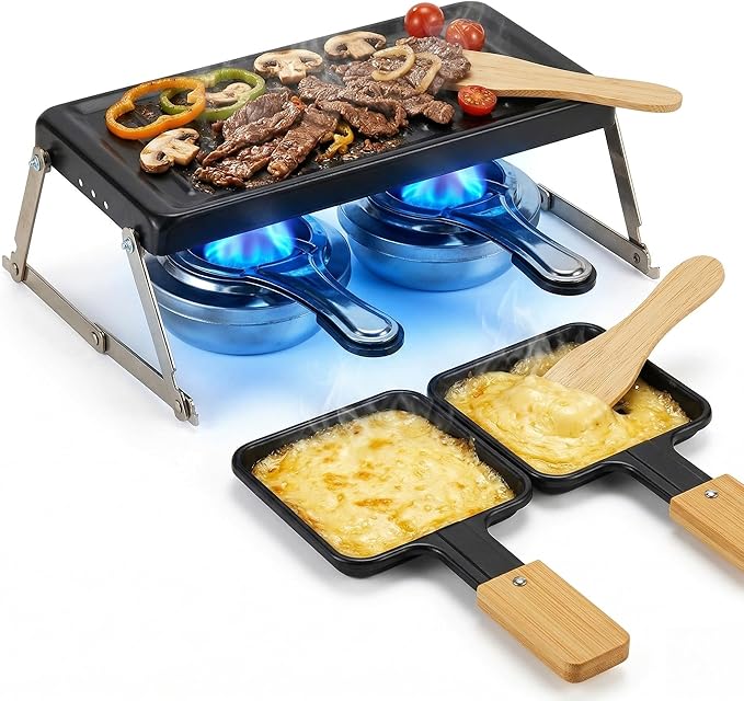 Portable Tabletop Cooking Grill Set, Foldable Mini Raclette Grill with Non-Stick Griddle Plate, 2 Cheese Melting Pans, 2 Spirit Burners and 2 Spatulas, Compact BBQ Camping Stove for Outdoor, Picnics