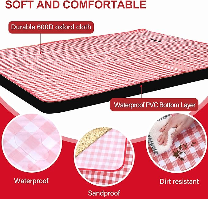 HX&OD Outdoor Picnic Blanket 80"X80" Picnic Mat Extra Large Camping Blanket Beach Blanket Foldable Waterproof Sand Mat Hiking Travel Family Concerts(Red)