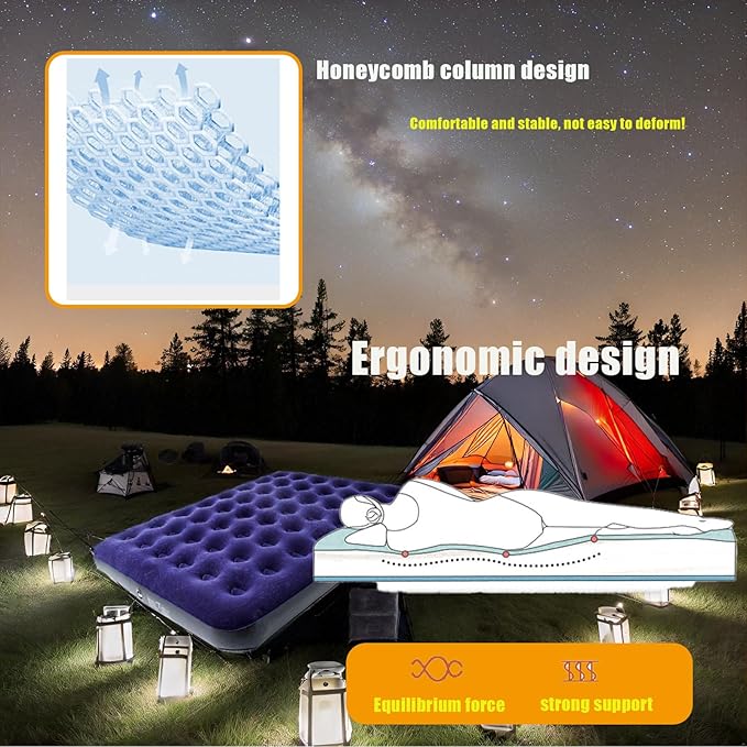 Onirii Queen Size Double Camping Air Mattress Bed with Air Pump,Inflatable Mattress,80"x 60"Thickened Portable Blow Up Air Mattress,Travel Sleeping Bed Pad for Camping Home Hiking