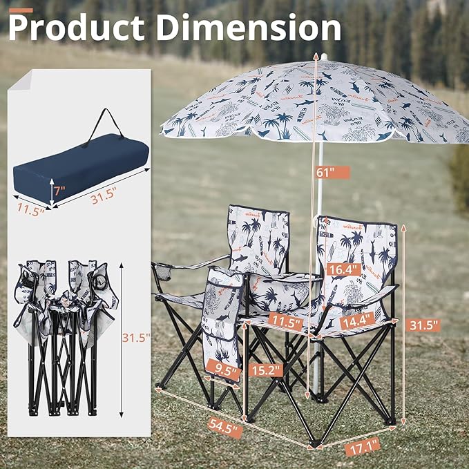 Outvita Folding Double Camping Chair w/Umbrella Beverage Holder Carrying Bag Cooler Fold Up Table, Large Bearing Capacity for Beach Patio Pool Park Outdoor Shark Pattern