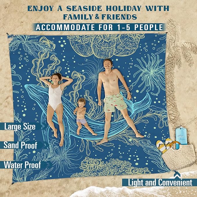 Famstar Beach Blanket Sandproof Waterproof 78''81'' 1-5 Adults Oversized, Compact Lightweight Durable 210T Polyester Beach Mat for Travel Camping Hiking Picnic