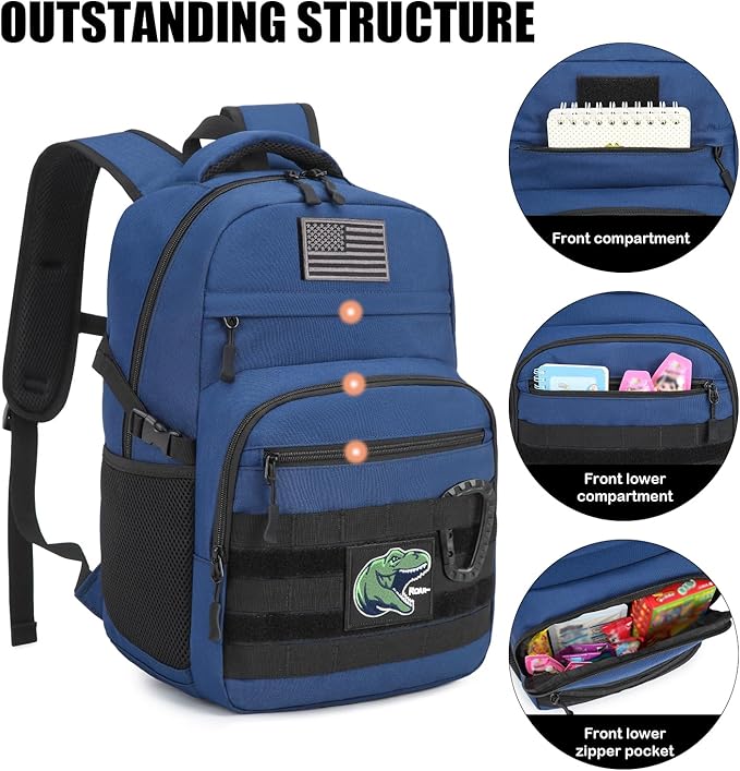 Kids Tactical Backpack Army Molle Bookbag Military Boys Backpack for School, Outdoor, Camping (Includes 2 Patches+1Carabiner), Blue