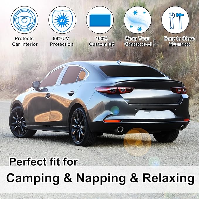 8PCS Windshield Sun Shade Custom Fit for 2019-2024 2025 Mazda 3 Accessories Foldable Sunshade Side Rear Window Shade Cover Full Set Privacy Protection Keeps Car Cool