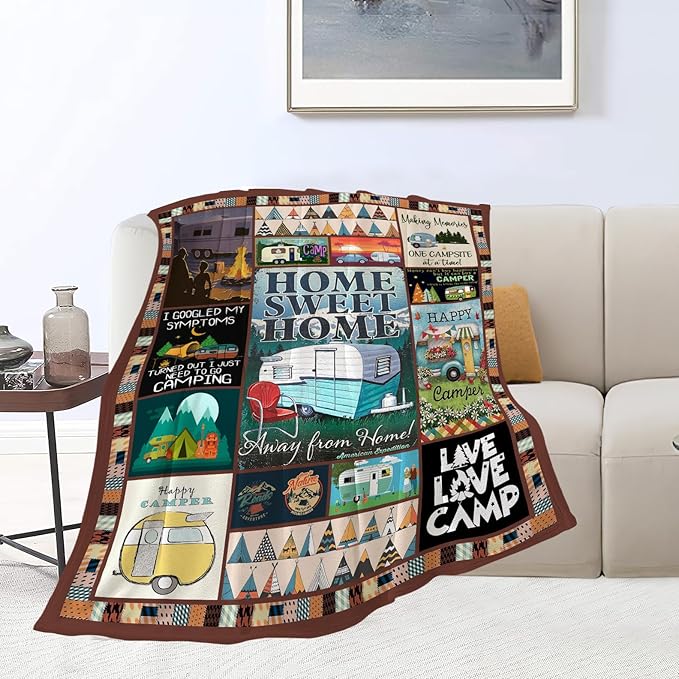 Camping Blanket Soft Warm Plush Throw Blanket Happy Camper RV Gifts for Camper Lover Cozy Lightweight Flannel Fleece Bedding Stuff Decor Blanket for Girls Kids Adults Women 60"x80"