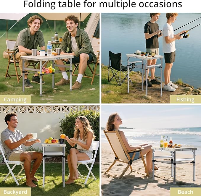 Anbte 2ft Small Plastic Folding Table, Waterproof 3 Adjustable Height Portable Camping Table with Storage Net, Flat Tabletop, for Picnic Indoor Outdoor Travel Beach Patio, 22.8" X 15.7", White