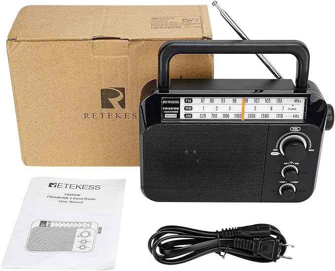 Retekess TR604W AM FM NOAA Radio, Portable Emergency Weather Radios with Best Reception, AC or D Battery Powered, with Clear Dial and Large Knob, Suit for Home (Black)