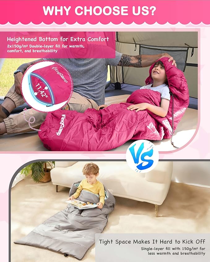 KingCamp 45°F Kids Sleeping Bag, Lightweight Waterproof & Compact Flannel Sleeping Bags Cold Weather & Warm Youth Essentials Gear Accessories for Camping, Fits 10-12 Children up to 4'7"-5'5" Tall