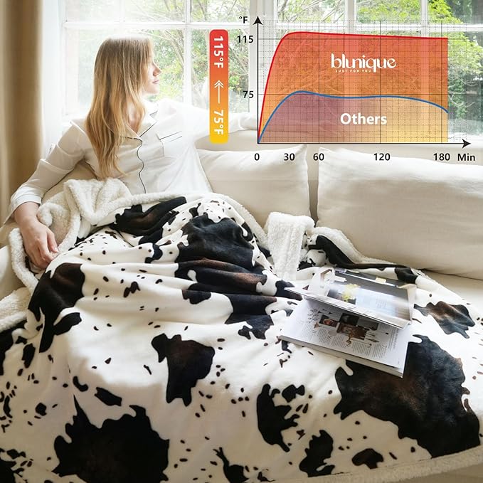 Heated Blanket Twin Blanket - Fast Heating Electric Blanket, Soft Flannel Heated Twin with 4 Time Settings,10 Heating Settings, Warm Gifts for Women & Mom & Grandma(62"x84"Cow Print White)