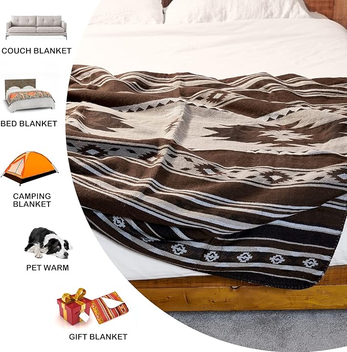 Aztec Patterned Throw Blanket with Soft Sherpa Lining, Traditional Southwestern Navajo Tribal Style Warm Throw for Camping, Outdoor, Light Weight Cozy Boho Blanket for Couch, Sofa, Bed, 60"x80", Brown