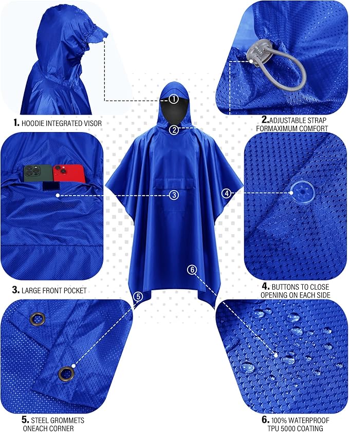 iCreek Hooded Rain Poncho Packable Unisex Raincoat Jacket with Pocket Waterproof Lightweight for Hiking, Camping, Outdoor