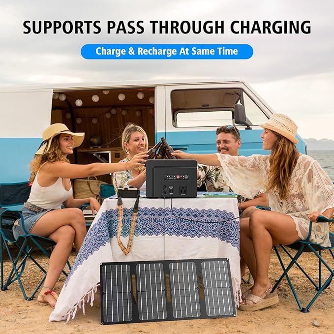 powkey Solar Powered Generator 100W Rated, 97Wh Portable Power Station with Solar Panels 30W Included, Fast Charging Power Bank with AC Outlet 110V/PD65W USB C/QC 3.0 for Outdoor Camping Home Backup