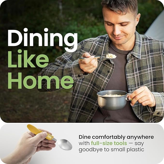Orblue 4-in-1 Camping Eating Utensils, 2-Pack - Portable Spoon, Fork, Knife & Bottle Opener Combo Set - Stainless Steel Flatware with Detachable Fork - Travel, Backpacking Cutlery Multitool, Yellow
