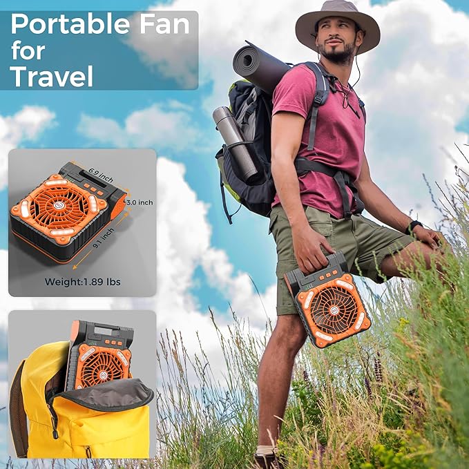 KITWLEMEN Solar Camping Fan with Lantern - Rechargeable Battery Operated Fan, 18H Run Time Max, 4 Speeds, 8H Timer, 90° Adjustable Portable Desk Fan for Hurricane, Power Outage, Outdoor Use