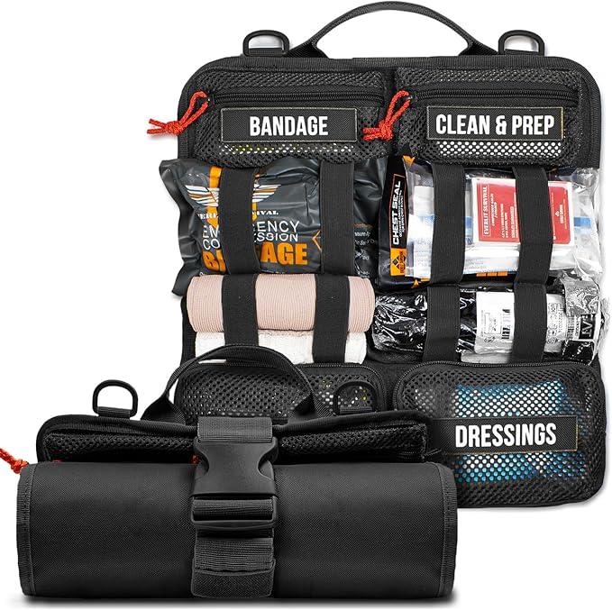 EVERLIT Roll Up Trauma First Aid Kit with CAT Tourniquet-Tactical IFAK Emergency Medical Kit for Outdoor, Vehicle & Home Preparedness-Quick Release Molle Bag for First Responders (Black)