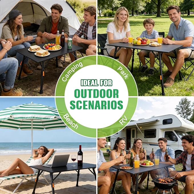 Portable Camping Table Foldable: No-Assembly Aluminum Folding Camping Table with Height Infinitely Adjustable & Carry Bag - Camp Table for Camping, Picnic, Beach, RV, BBQ
