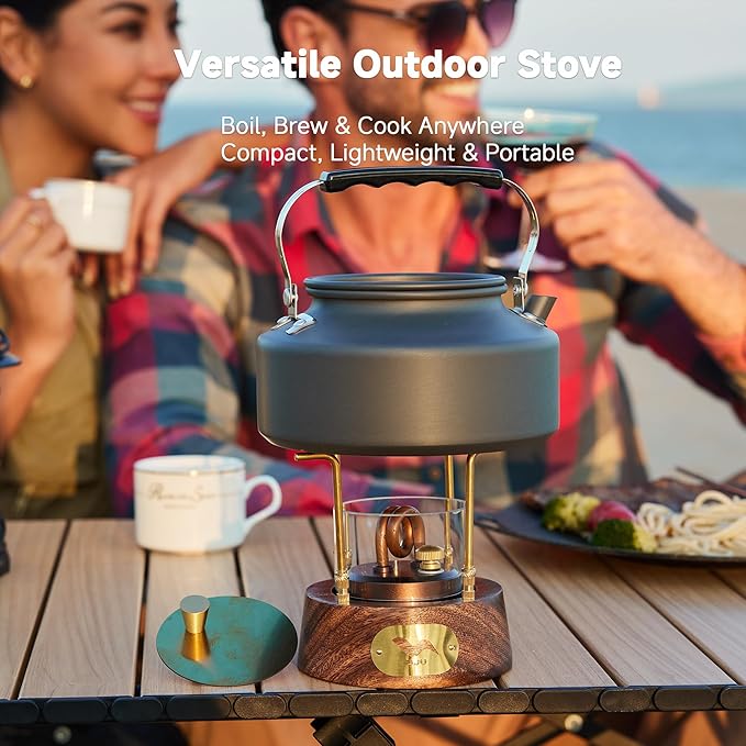 UJU Portable Alcohol Camping Stove Set with Wooden Base and Storage Bag, Wind-Resistant Outdoor Cooking Stove for Camping, Hiking and Travel