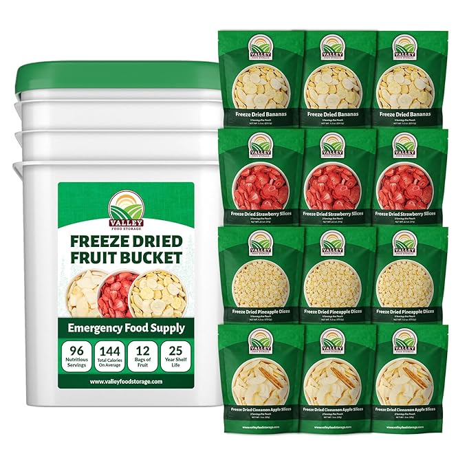Valley Food Storage Freeze Dried Fruit Bucket | 12 Pouch Emergency Food Supply | Non-GMO Survival Food with 25 Year Shelf Life | Camping Snacks, Long Term Food Storage & Prepper Supplies | Packaged in USA