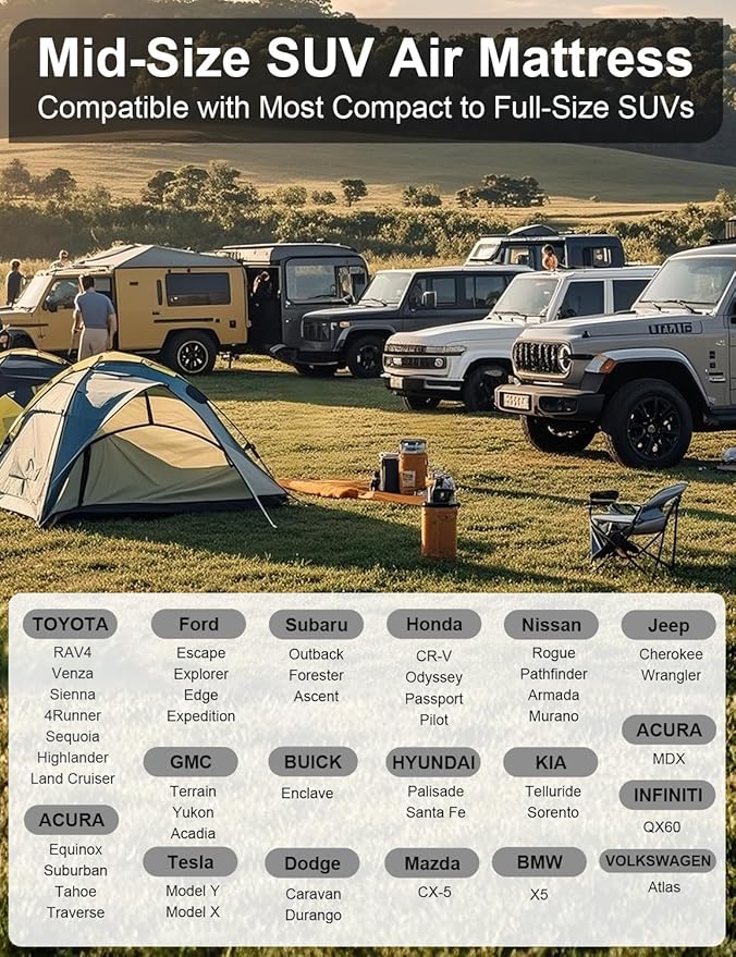Umbrauto SUV Air Mattress for Back Trunk Folded Backseat, Inflatable Car Camping Bed for Sleeping Travel, Flocked Surface Reinforced Bottom Fits Most Size SUVs with Pump, Pillows, Carry Bag