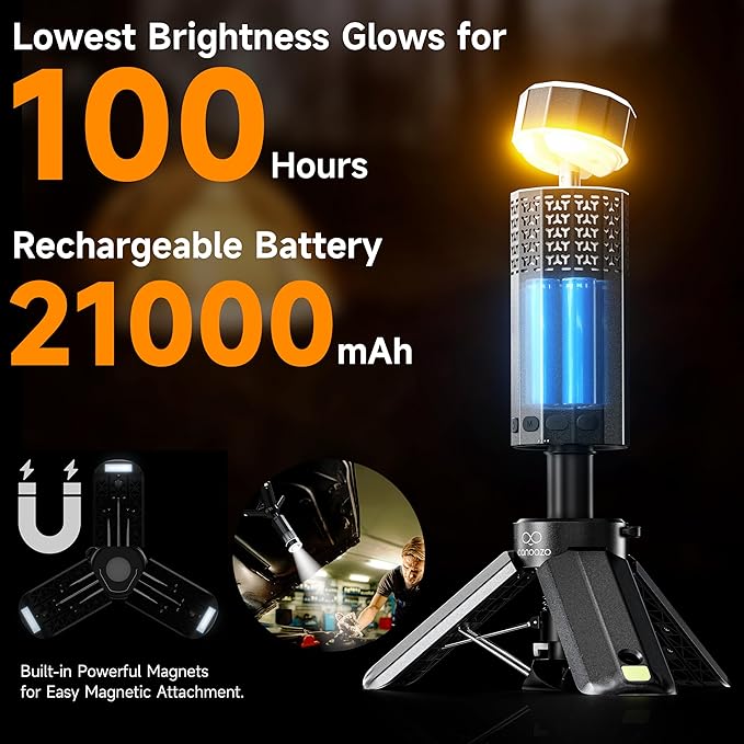 Rechargeable 21000mAh Camping Light, Telescopic Camping Lights, Collapsible Magnetic Camping Lantern with Stand IPX6 Waterproof Flashlights, Camping Lamp for Emergency, Hiking (Black)