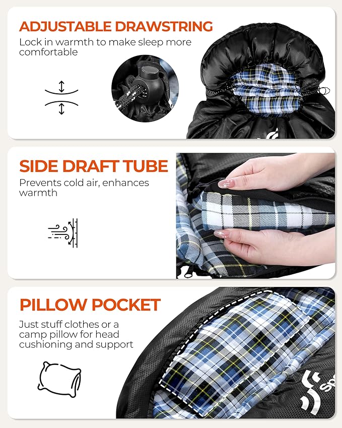 Sportneer 0 Degree Sleeping Bag for Cold Weather, XL Winter Sleeping Bag for Adults, Flannel Lined Camping Sleeping Bag, 32°F–59°F Rated, 87" x 33.5", 4.4 lbs, Detachable Hood, Compression Sack