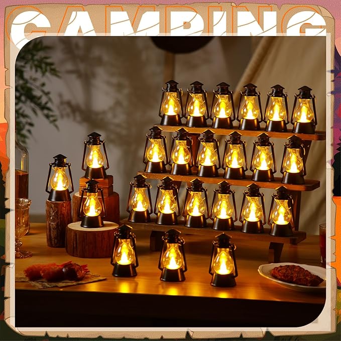 Ferraycle 24 Pcs Mini Lantern for Centerpiece Western Wedding Decor 4 Inch Camping Decorative with LED Candle Vintage Hanging Lantern Ornaments Bulk for Cowboy Cowgirl Xmas Party Decoration (Black)